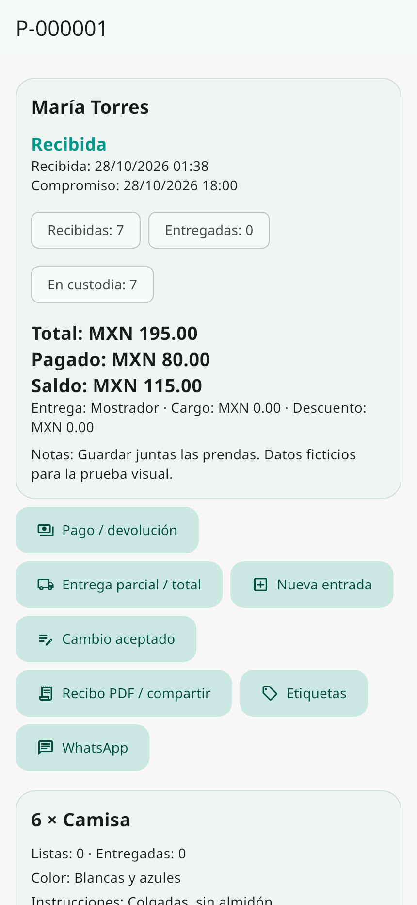 Detalle de un pedido en Mi Planchaduría con prendas y seguimiento de ejemplo.